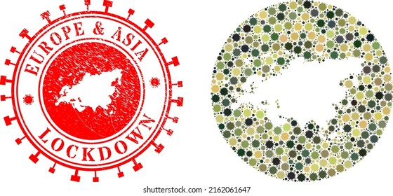 Vector mosaic Europe and Asia map of virus elements and grunge LOCKDOWN stamp.