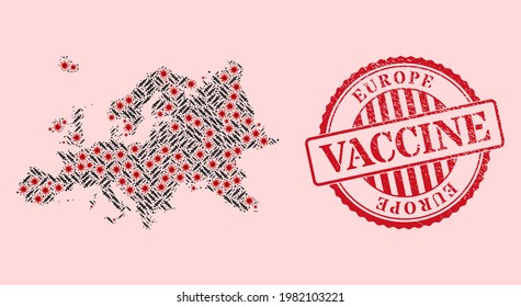 Vector mosaic Europe map of flu virus, inoculation icons, and red grunge vaccine seal. Virus elements and syringe needles inside Europe map. Red seal with grunge rubber texture and vaccine text.