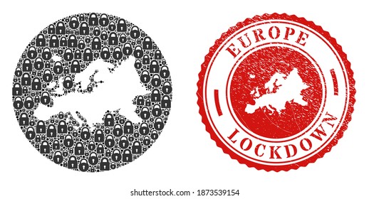 Mapa del mosaico vectorial de Europa de las cerraduras y el sello LOCKDOWN. Mapa geográfico mosaico de Europa diseñado como esténcil de forma redonda con cerraduras negras. Sello rojo con textura de goma gruesa y texto LOCKDOWN.