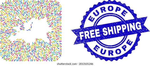 Vector mosaic Europe map of migration arrows and rubber Free Shipping seal. Mosaic Europe map constructed as subtraction from rounded square with delivery arrows.