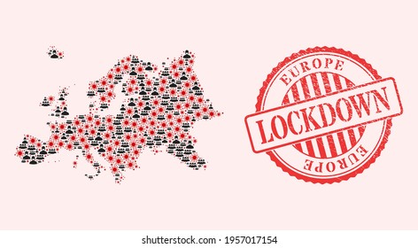 Vector mosaic Europe map of SARS virus, masked people and red grunge lockdown seal stamp. Virus items and people in masks inside Europe map. Red seal with grunge rubber texture and LOCKDOWN caption.