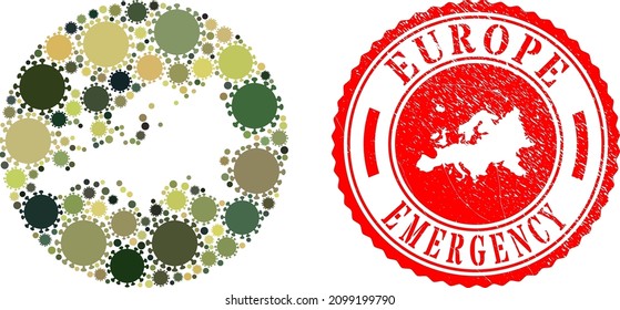 Vektor mosaic Europe Karte der SARS-Viruselemente und grunge-EMERGENCY-Siegel. Mosaik Geografische Europakarte, die als Subtraktion aus dem Kreis mit Viruselementen in tarnen militärischen Farbtönen konzipiert wurde.