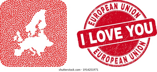 Vector mosaic European Union map of love heart elements and grunge love badge. Mosaic geographic European Union map designed as carved shape from rounded square using love hearts.