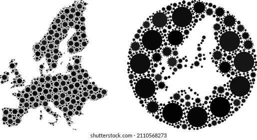 Vector mosaic European Union map of covid items. Mosaic geographic European Union map constructed as subtraction from round shape with covid infection items in black color hues.