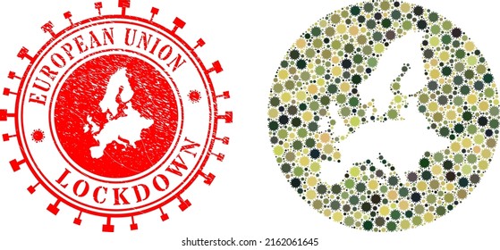 Mapa de mosaico vectorial de la Unión Europea de elementos cóvidos y placa de LOCKDOWN gruesa.