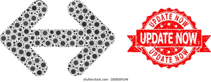 Vector mosaic exchange arrows horizontally of coronavirus, and Update Now corroded ribbon stamp seal. Virus particles inside exchange arrows horizontally mosaic.