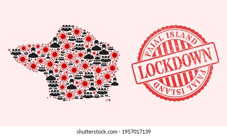 Vector mosaic Faial Island map of corona virus, masked men and red grunge lockdown seal. Virus elements and men in masks inside Faial Island map. Red seal with grunge rubber texture and LOCKDOWN text.