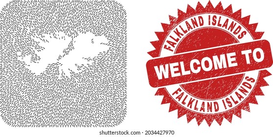 Vektormosaik Falkland Islands Karte von Bewegungspfeilen und gekratzt Begrüßungssiegel. Mosaik Geografische Falklandinseln Karte erstellt als Schablone aus abgerundetem Quadrat mit Lieferpfeilen.
