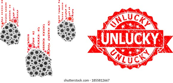 Vector mosaic falling rocks of covid-2019 virus, and Unlucky textured ribbon seal. Virus particles inside falling rocks mosaic. Red seal includes Unlucky text inside ribbon.