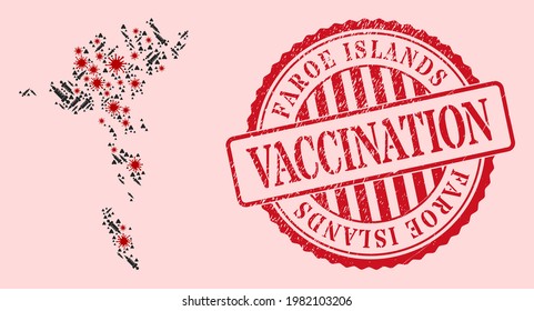 Vector mosaic Faroe Islands map of SARS virus, vaccination icons, and red grunge vaccine seal stamp. Virus items and vaccine items inside Faroe Islands map.
