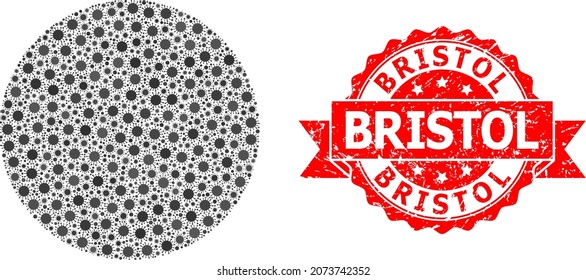 Vector mosaic filled circle of virus, and Bristol unclean ribbon stamp seal. Virus elements inside filled circle composition. Red stamp seal contains Bristol caption inside ribbon.