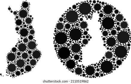 Vector mosaic Finland map of flu virus icons. Mosaic geographic Finland map constructed as carved shape from round shape with covid virus items in black color hues. Template for outbreak posters.