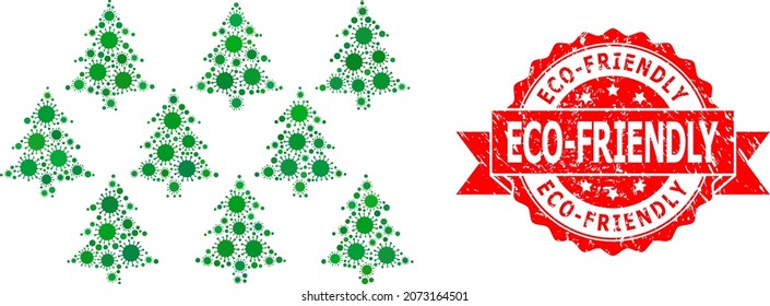 Vector mosaic fir forest of virus, and Eco-Friendly textured ribbon seal. Virus elements inside fir forest mosaic. Red seal has Eco-Friendly text inside ribbon.