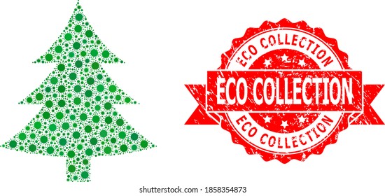 Vektor-Mosaik-Tannenbaum des Grippevirus und Eco Collection schmutzigen Bandstempel-Siegel. Virus-Elemente in Tannenbaum-Collage. Rote Stempeldichtung enthält Eco Collection-Text in Band.