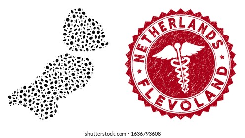Vector mosaic Flevoland Province map and red rounded grunge stamp watermark with caduceus icon. Flevoland Province map collage composed with elliptic spots. Red rounded caduceus watermark,