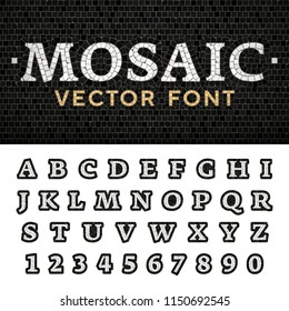 Vector mosaic floor style font. Latin letters from A to Z and numbers from 0 to 9 made of pavement stones. Beautiful classic design.