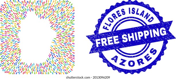 Vector mosaic Flores Island of Azores map of evacuation arrows and grunge Free Shipping stamp. Mosaic Flores Island of Azores map constructed as subtraction from rounded square using delivery arrows.