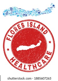 Vector mosaic Flores Island of Indonesia map with dose icons, laboratory symbols, and grunge healthcare seal stamp.