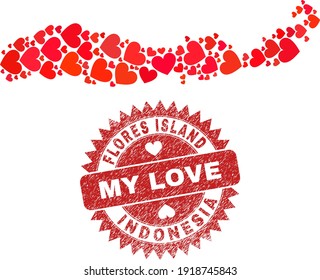 Vector mosaic Flores Island of Indonesia map of lovely heart elements and grunge My Love seal stamp. Mosaic geographic Flores Island of Indonesia map created using love hearts.