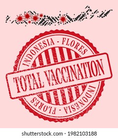 Vector mosaic Flores Islands of Indonesia map of corona virus, inoculation icons, and red grunge vaccine seal stamp. Virus cells and vaccination needles inside Flores Islands of Indonesia map.