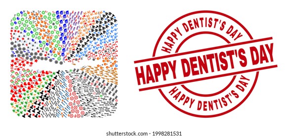 Vector mosaic Flores Islands of Indonesia map of different pictograms and Happy Dentist'S Day seal stamp. Mosaic Flores Islands of Indonesia map constructed as stencil from rounded square shape.