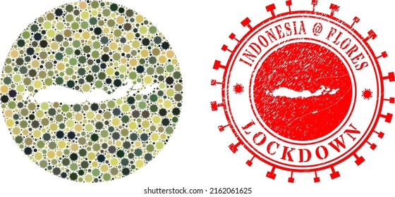 Vector mosaic Flores Islands of Indonesia map of virus elements and grunge LOCKDOWN badge.