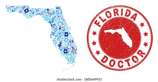 Vector mosaic Florida State map with healthcare icons, labs symbols, and grunge healthcare imprint. Red round imprint with unclean rubber texture and Florida State map text and map.