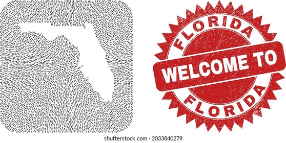 Vector mosaic Florida State map of motion arrows and rubber Welcome stamp. Collage geographic Florida State map constructed as carved shape from rounded square shape using moving arrows.