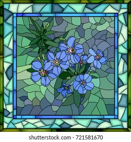 Vector mosaic of flowers blue anagallis in square stained-glass window frame.