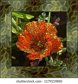 Vector mosaic of flowers orange poppy in green square stained-glass window frame.