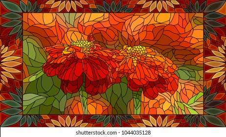 Vector mosaic with flowers red marigold in vertical stained-glass window frame.