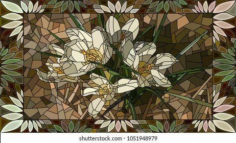 Vector mosaic with flowers white crocuses in horizontal stained-glass window frame.