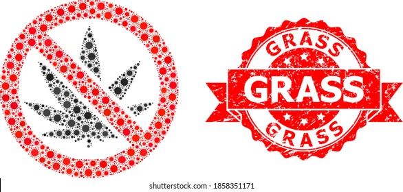 Vektormosaik verboten Cannabis von Grippevirus und Gras schmutzige Bandsiegel. Virusartikel in verbotenen Cannabis-Mosaiken. Rotes Siegel enthält Grasscaption innerhalb des Band.