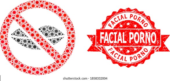 Vector mosaic forbidden kiss of flu virus, and Facial Porno dirty ribbon seal print. Virus elements inside forbidden kiss mosaic. Red stamp seal contains Facial Porno title inside ribbon.