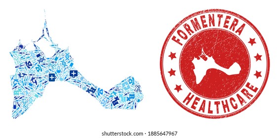 Vector mosaic Formentera Island map with vaccination icons, receipt symbols, and grunge doctor seal stamp. Red round stamp with grunge rubber texture and Formentera Island map word and map.