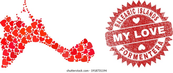Vector mosaic Formentera Island map of love heart elements and grunge My Love seal. Mosaic geographic Formentera Island map created with lovely hearts.