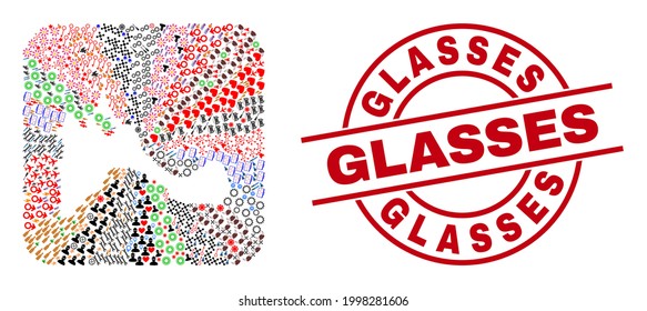 Vector mosaic Formentera Island map of different symbols and Glasses stamp. Mosaic Formentera Island map created as subtraction from rounded square shape. Red round stamp with Glasses text.