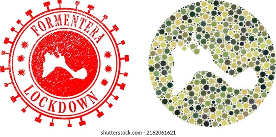 Vektor Mosaik Formentera Island Karte von covid Virus Elemente und grunge LOCKDOWN Siegel.