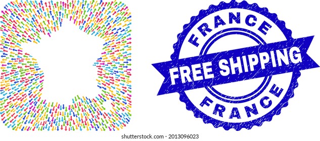 Vector mosaic France map of abandon arrows and scratched Free Shipping badge. Mosaic France map constructed as carved shape from rounded square shape with emigration arrows.
