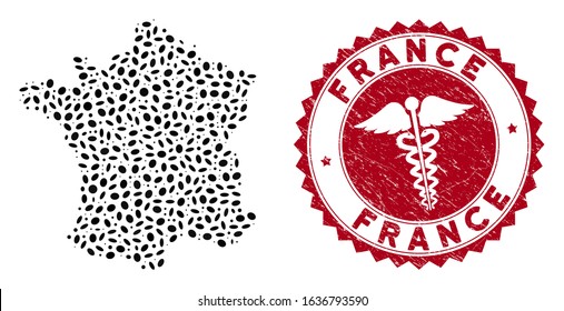 Vector mosaic France map and red round grunge stamp seal with medic symbol. France map collage created with ellipse elements. Red round doctor seal stamp, with grunge texture.