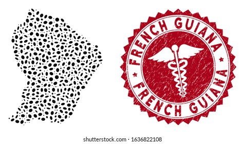 Vector mosaic French Guiana map and red round corroded stamp watermark with health care symbol. French Guiana map collage composed with ellipse items. Red round health care seal stamp,
