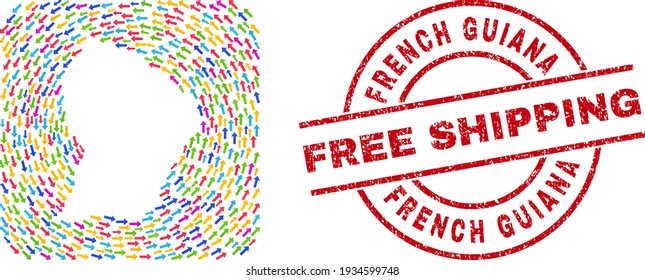 Vector mosaic French Guiana map of pointing arrows and rubber Free Shipping seal. Collage geographic French Guiana map designed with multicolored circular arrows inside rounded square subtraction.