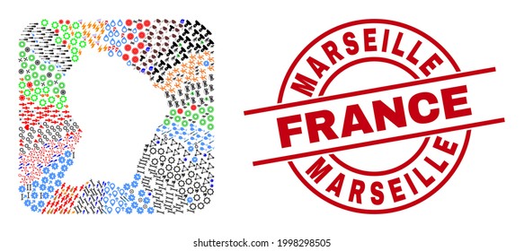 Vector mosaic French Guiana map of different icons and Marseille France seal stamp. Mosaic French Guiana map designed as carved shape from rounded square shape.