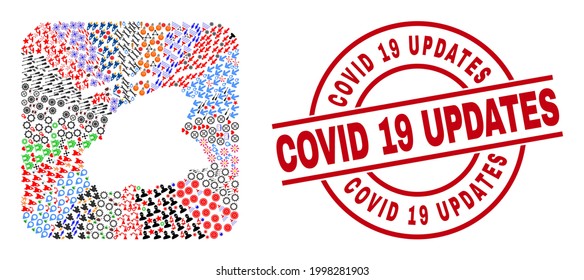 Vector mosaic Friesland Province map of different pictograms and Covid 19 Updates stamp. Mosaic Friesland Province map constructed as stencil from rounded square shape.