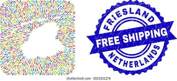 Vector mosaic Friesland Province map of evacuation arrows and rubber Free Shipping seal stamp. Mosaic Friesland Province map constructed as carved shape from rounded square shape with abandon arrows.