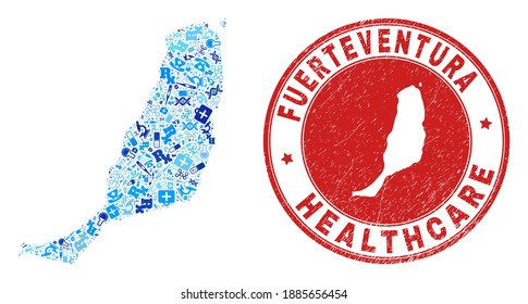 Vector mosaic Fuerteventura Island map with medical icons, first aid symbols, and grunge healthcare seal. Red round seal with corroded rubber texture and Fuerteventura Island map word and map.