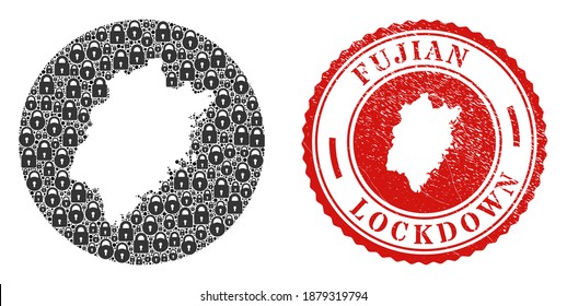 Vector mosaic Fujian Province map of locks and grunge LOCKDOWN stamp. Mosaic geographic Fujian Province map constructed as hole from circle with black locks.