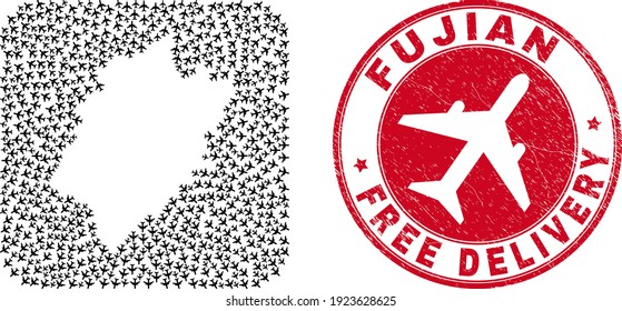 Vector mosaic Fujian Province map of airliner elements and grunge Free Delivery seal. Mosaic geographic Fujian Province map created as stencil from rounded square shape using flying out jet vehicles.