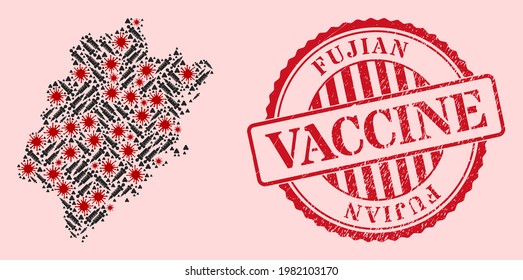 Vector mosaic Fujian Province map of corona virus, injection icons, and red grunge vaccination seal stamp. Virus items and injection items inside Fujian Province map.
