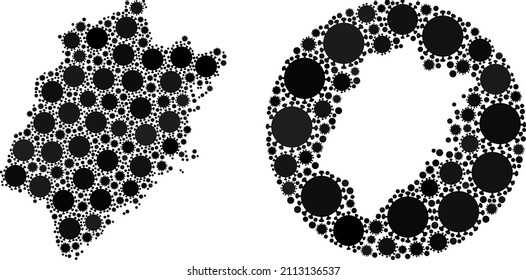 Vector mosaic Fujian Province map of flu virus icons. Mosaic geographic Fujian Province map constructed as hole from circle with covid virus items in black colors. Abstraction for lockdown warnings.
